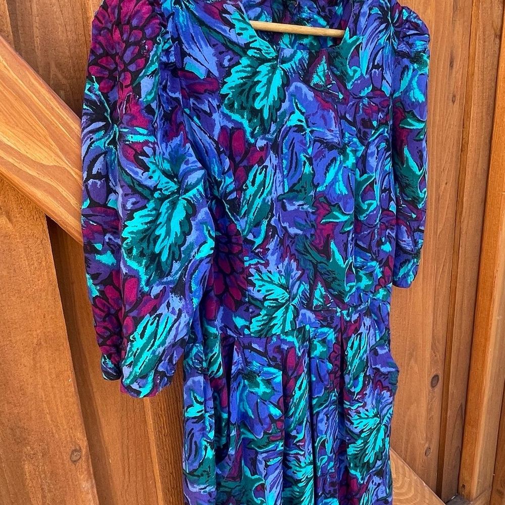 Vintage 80s Floral Midi Dress Secretary Tea Modest Bold Shoulder Pads Vtg Large - Picture 14 of 15